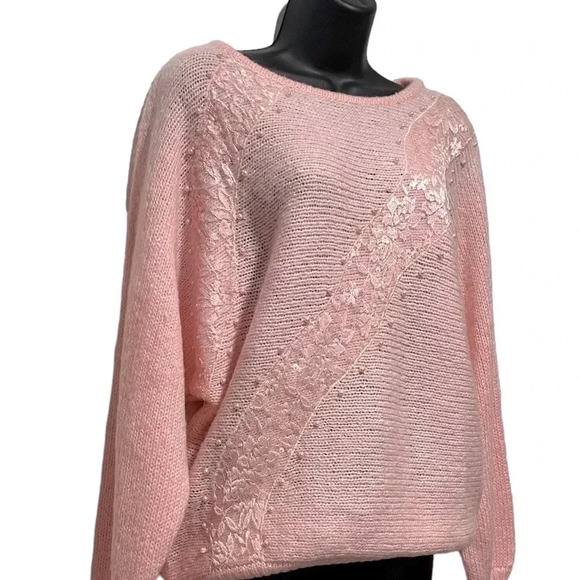 🍀2/$22 NWT VINTAGE Jason Maxwell Pink Dolman Sleeve Lace Sweater Womens Medium - Picture 1 of 9